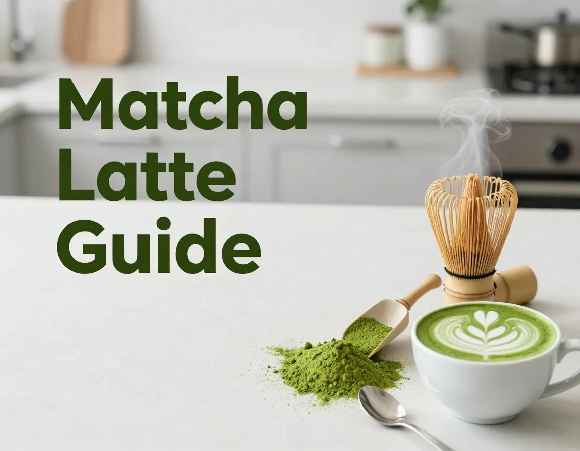 Matcha latte powder guide flat lay whisk bowl steam