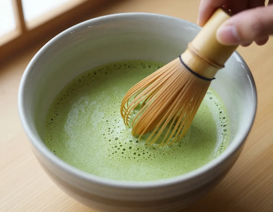 Uji region matcha powder being whisked in a traditional ceramic bowl