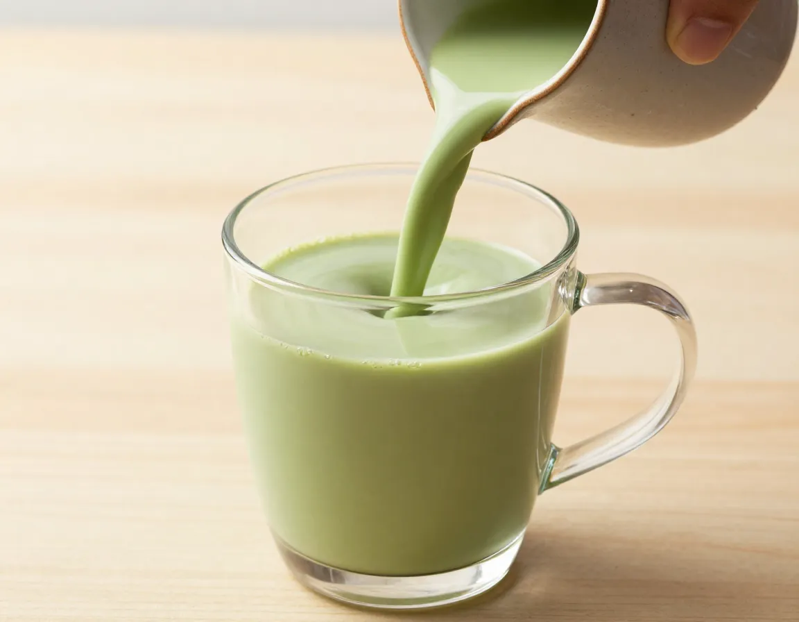 Universal grade matcha latte being poured into a clear glass mug