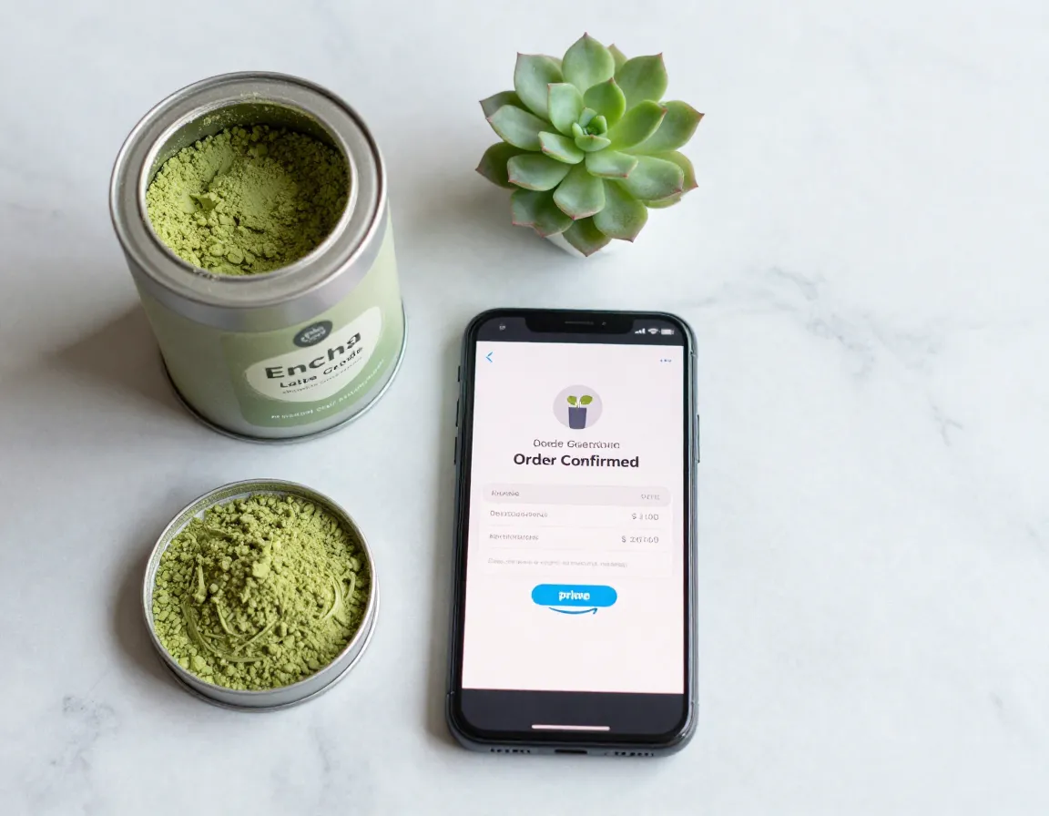 Latte grade matcha powder tin next to a smartphone showing an amazon order