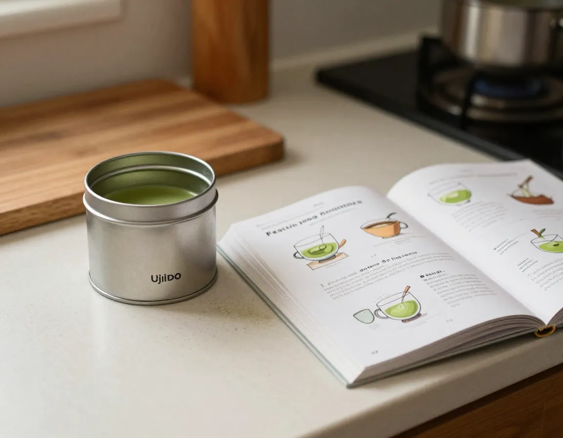 Affordable ceremonial blend matcha in a simple tin next to a beginners guidebook