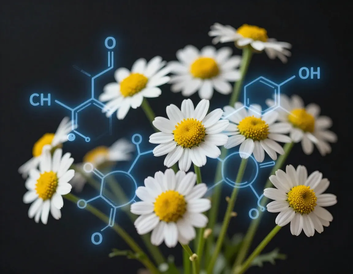 Chamomile flowers with molecular structures representing anti inflammatory effects