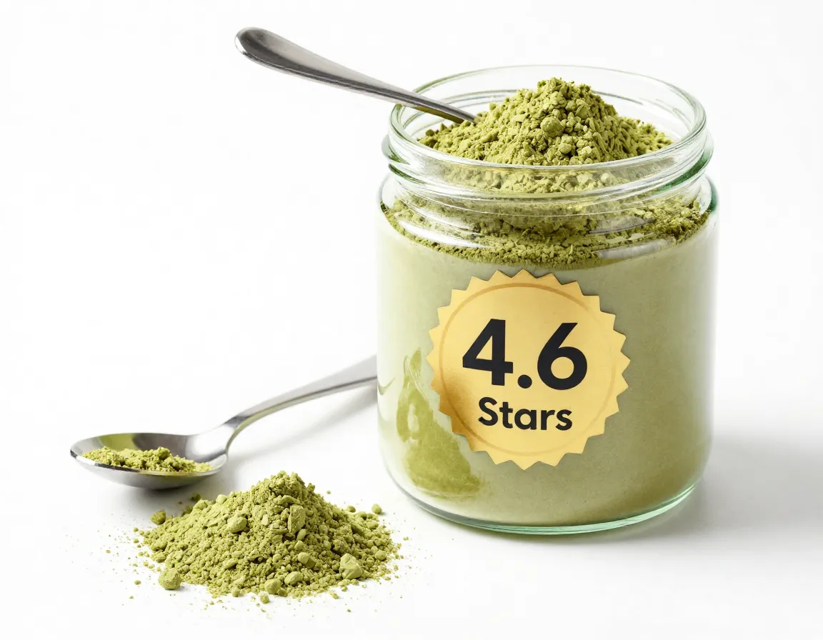 Pre sweetened matcha powder jar with a five star rating sticker and a spoon