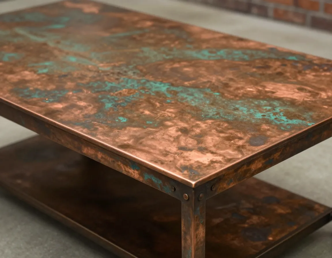 Copper patina industrial coffee table aged warm metal surface