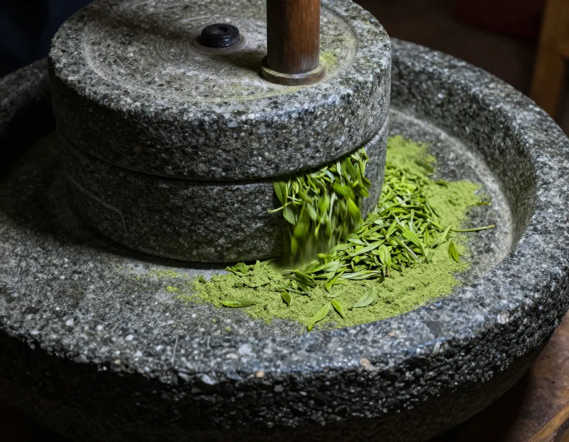 Traditional stone mill grinding fresh tea leaves into fine matcha powder