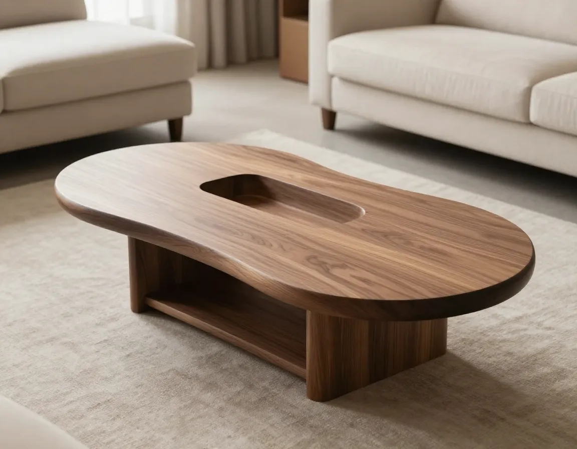The sculptural cloud coffee table with warm walnut finish and hidden storage