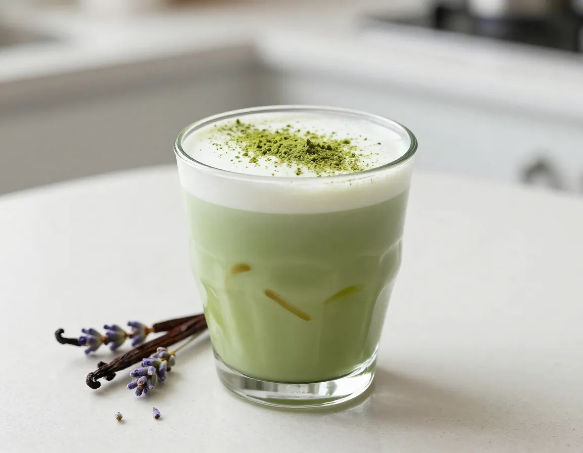 Honey vanilla matcha latte in glass with oat milk and floral garnish