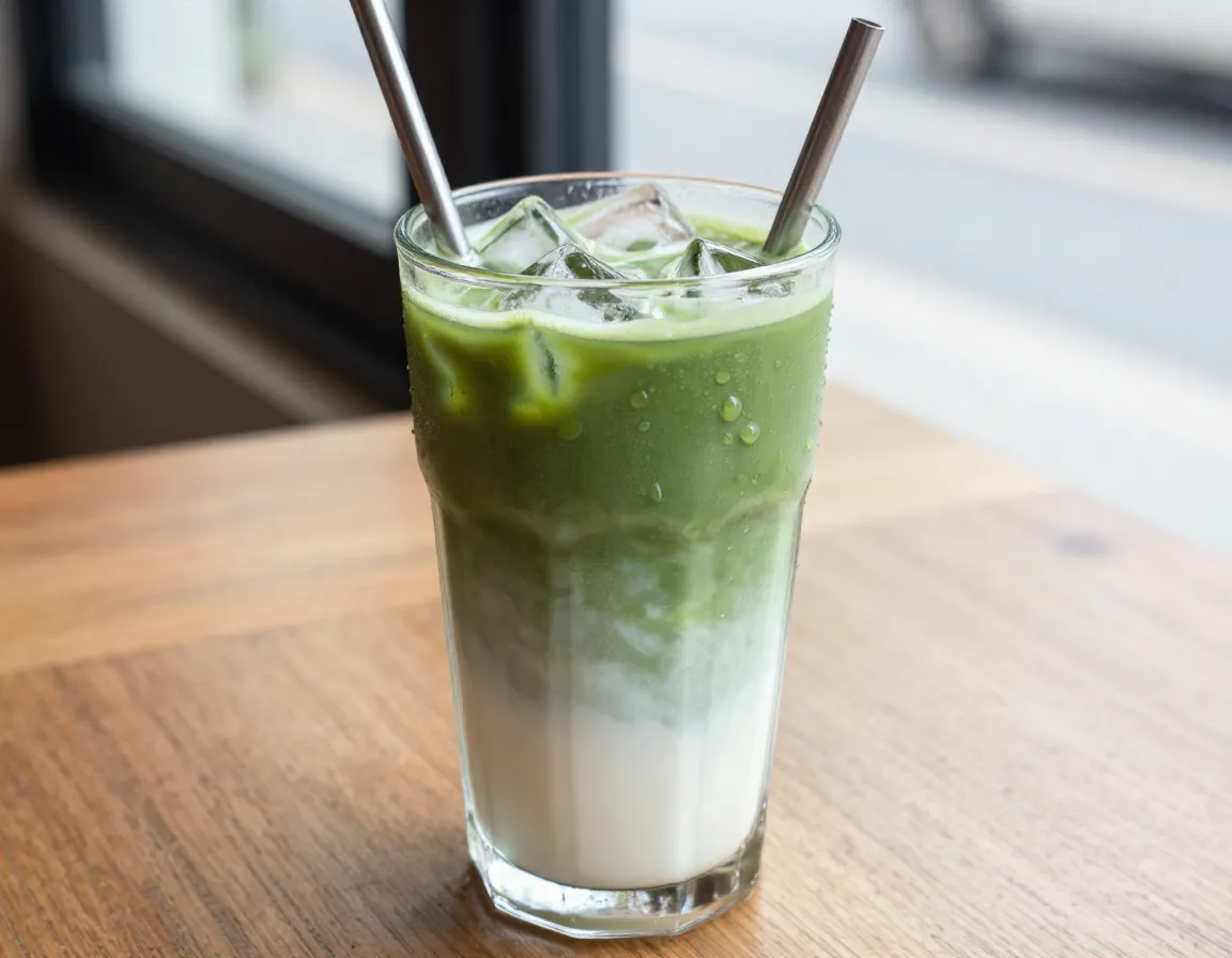 Simple iced matcha latte with whole milk in a tall glass
