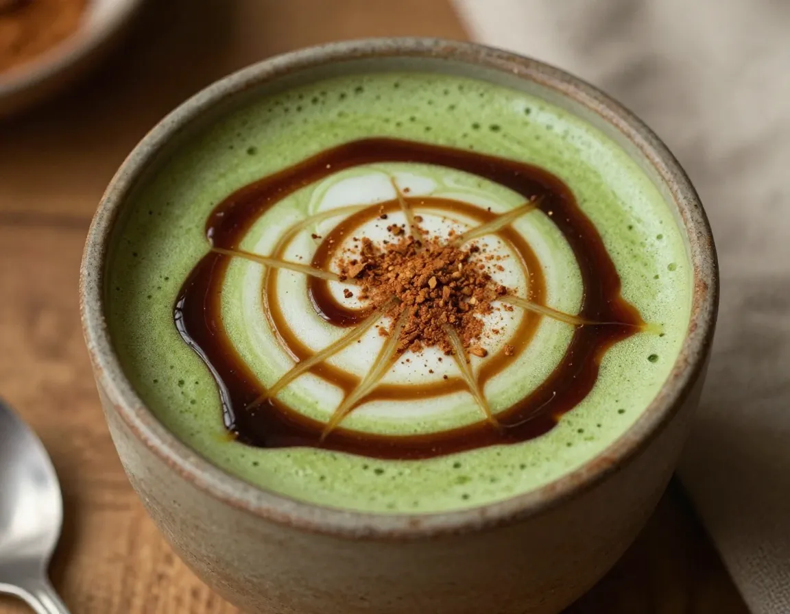 Brown sugar oat milk matcha latte with caramelized syrup swirl