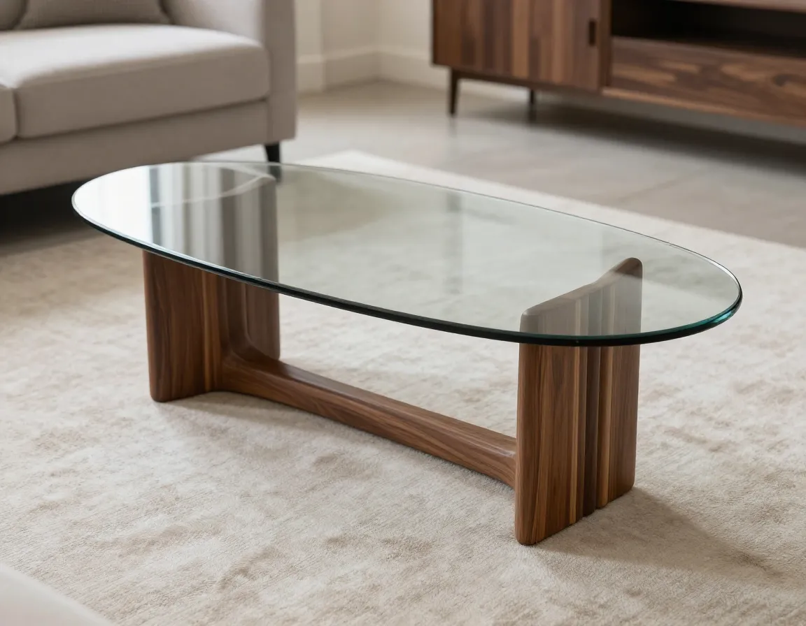 The smoked glass oval coffee table with fluted walnut base