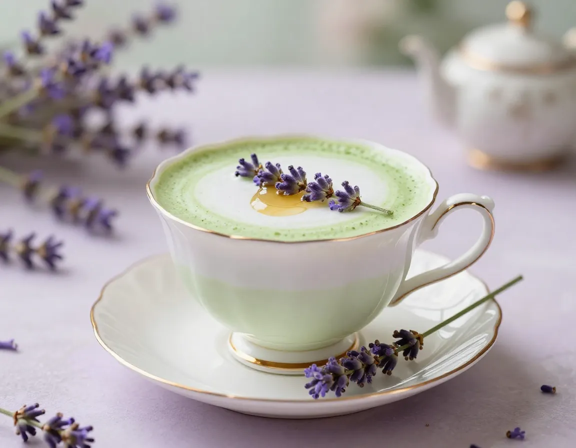 Lavender honey matcha latte with almond milk and fresh sprigs
