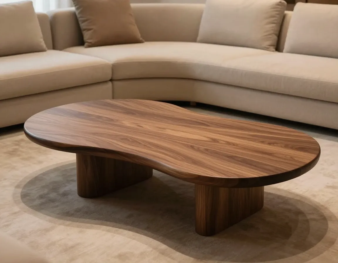 The curved walnut coffee table with continuous edges and rich grain