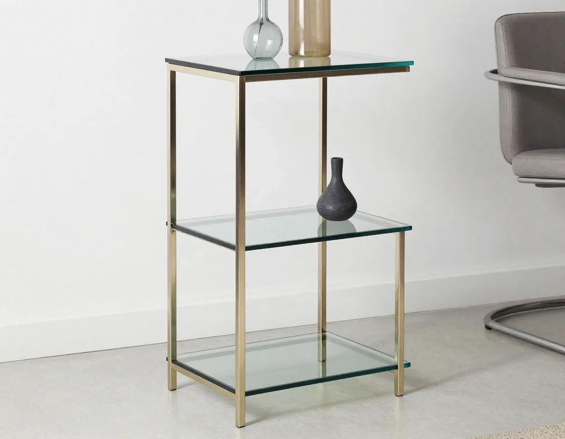 The multi level glass end table with tinted shelves and champagne metal frame