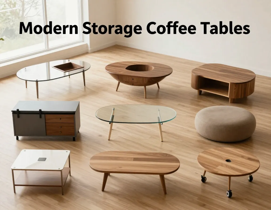 Modern storage coffee tables flat lay on wood floor
