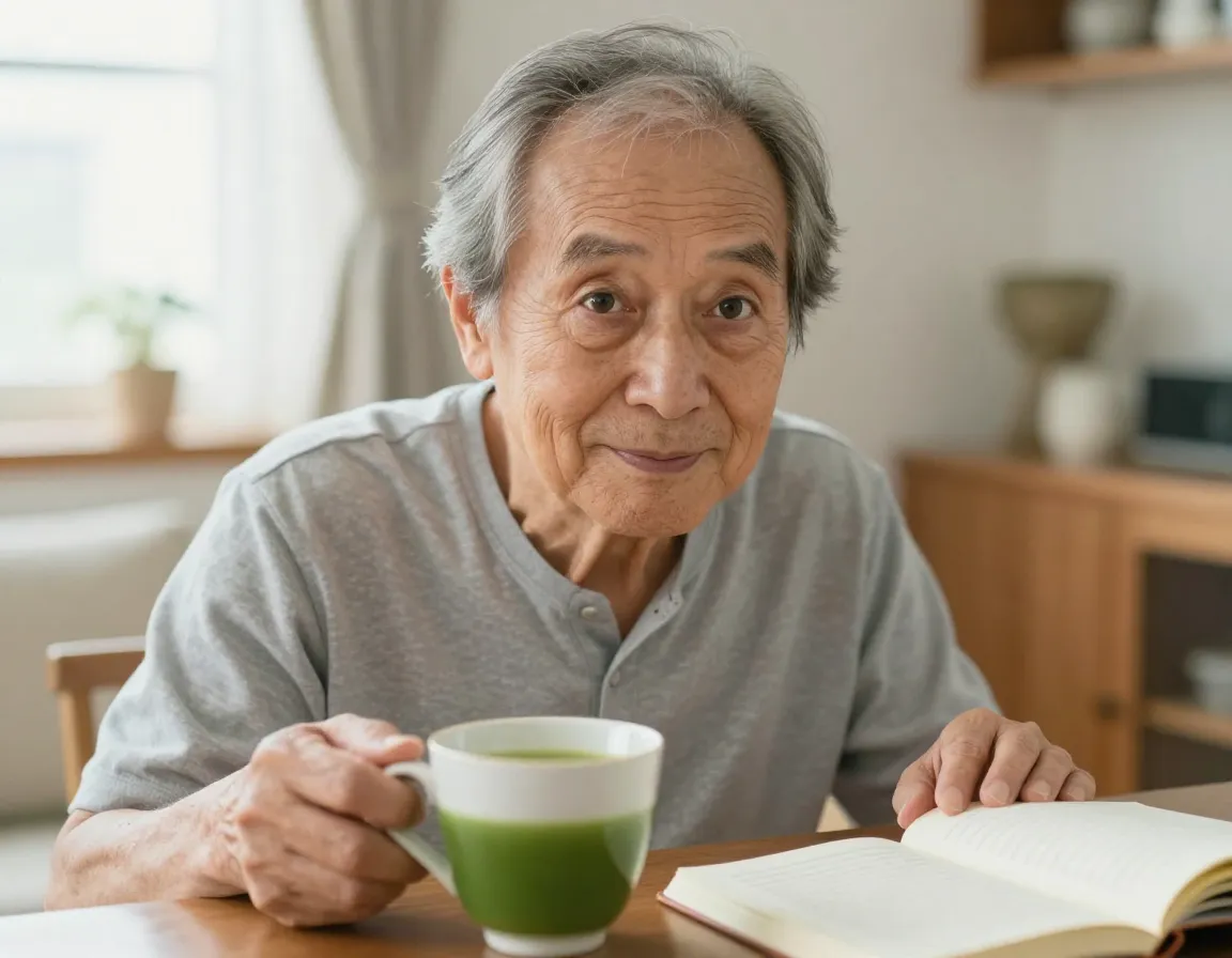 Elderly person with improved focus and memory after drinking matcha tea
