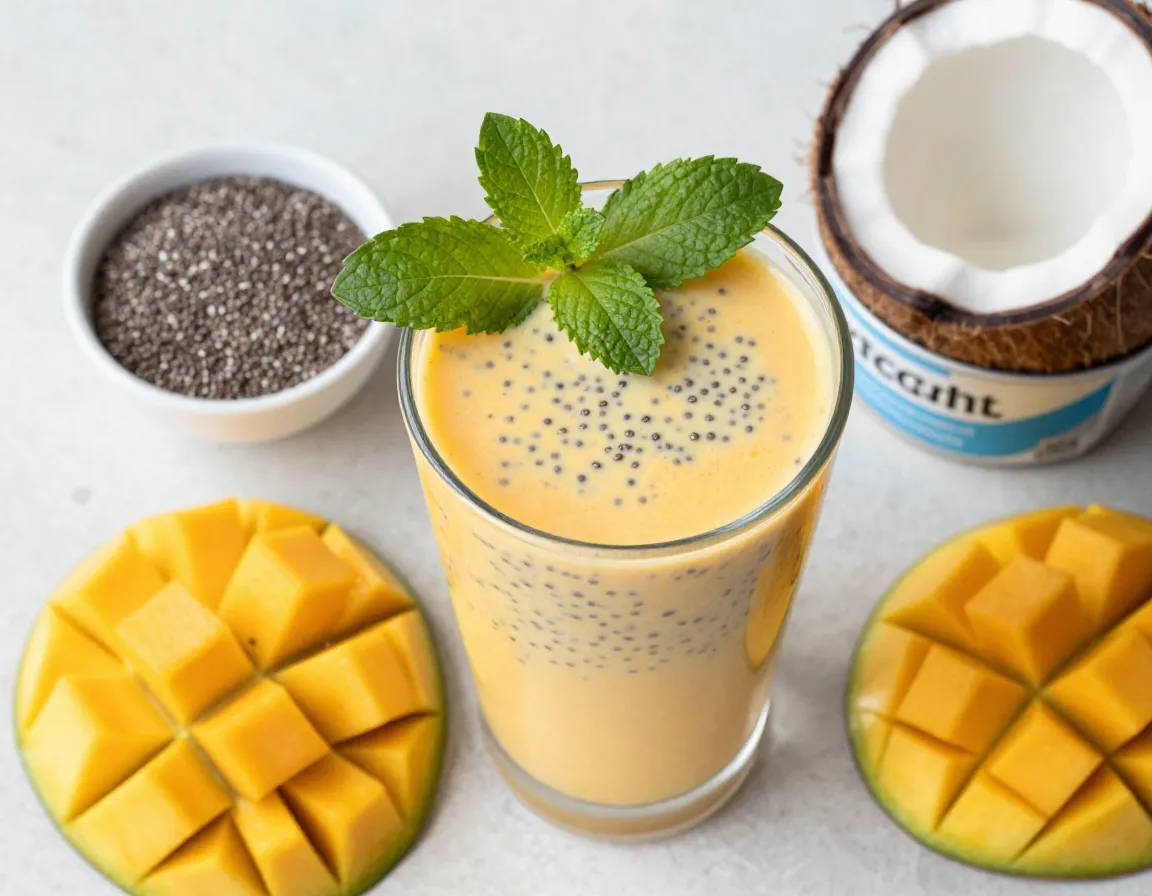 Tropical mango coconut chia seed protein refresher with mint