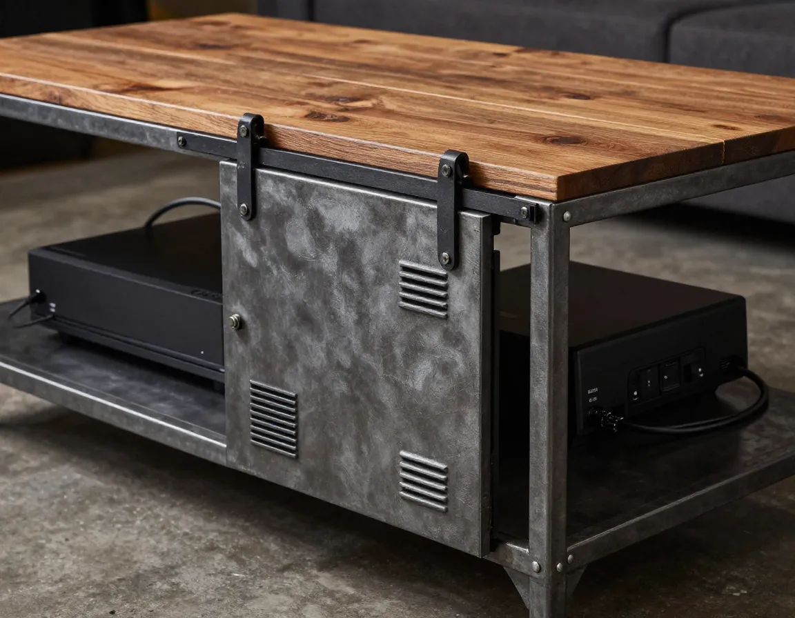 Industrial metal and wood coffee table with sliding barn doors