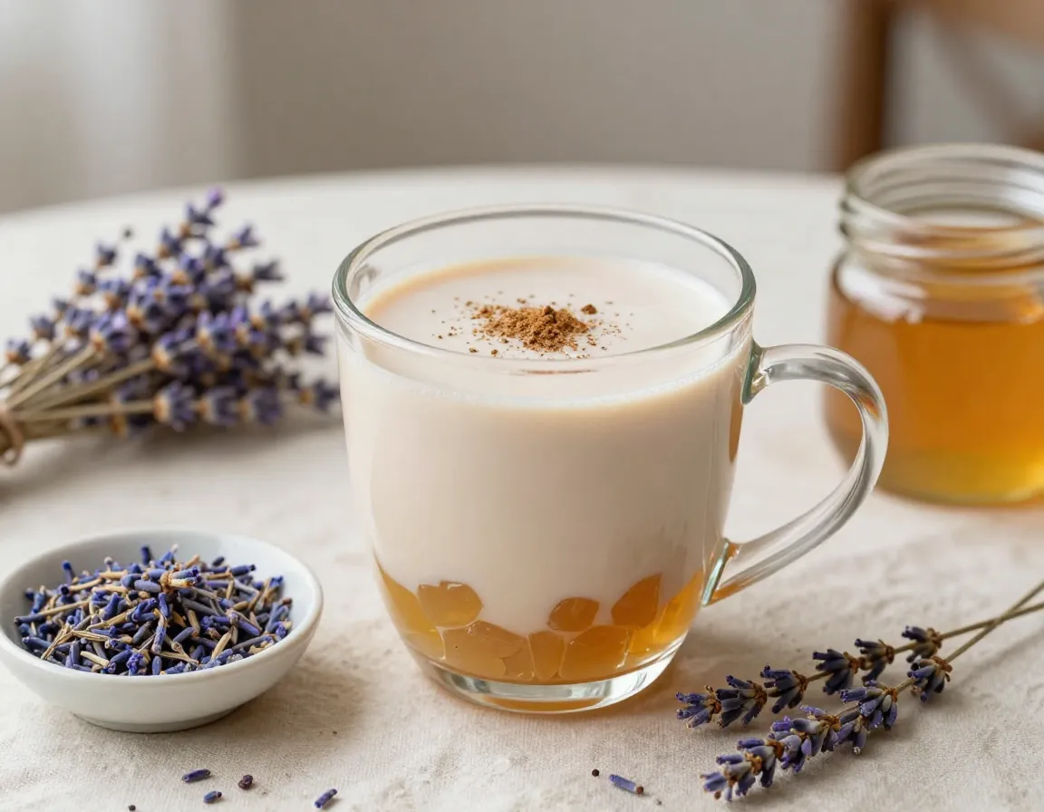 Calming adaptogenic lavender honey milk tea with honey jelly