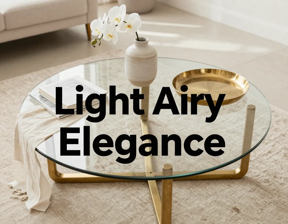 A sleek glass metal coffee table with brass geometric base and layered decor