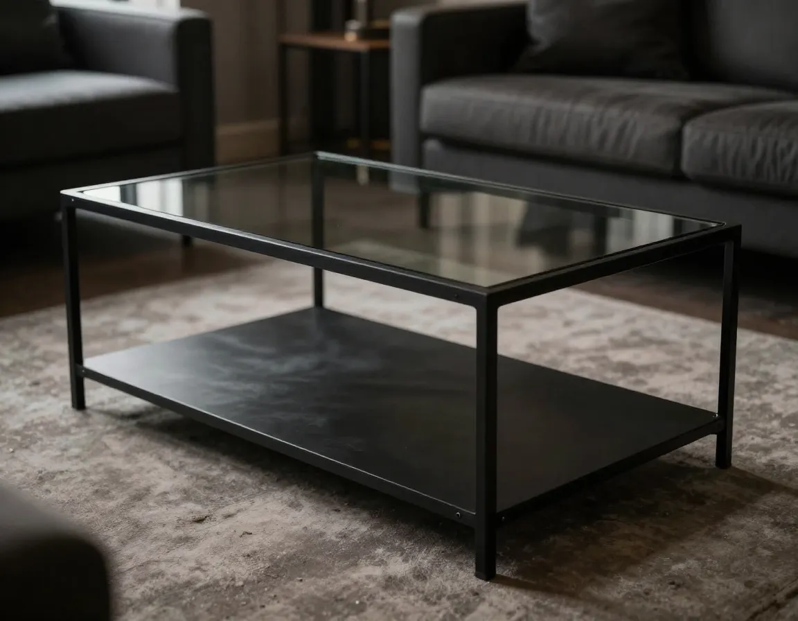 Industrial matte black frame and smoked glass coffee table urban loft