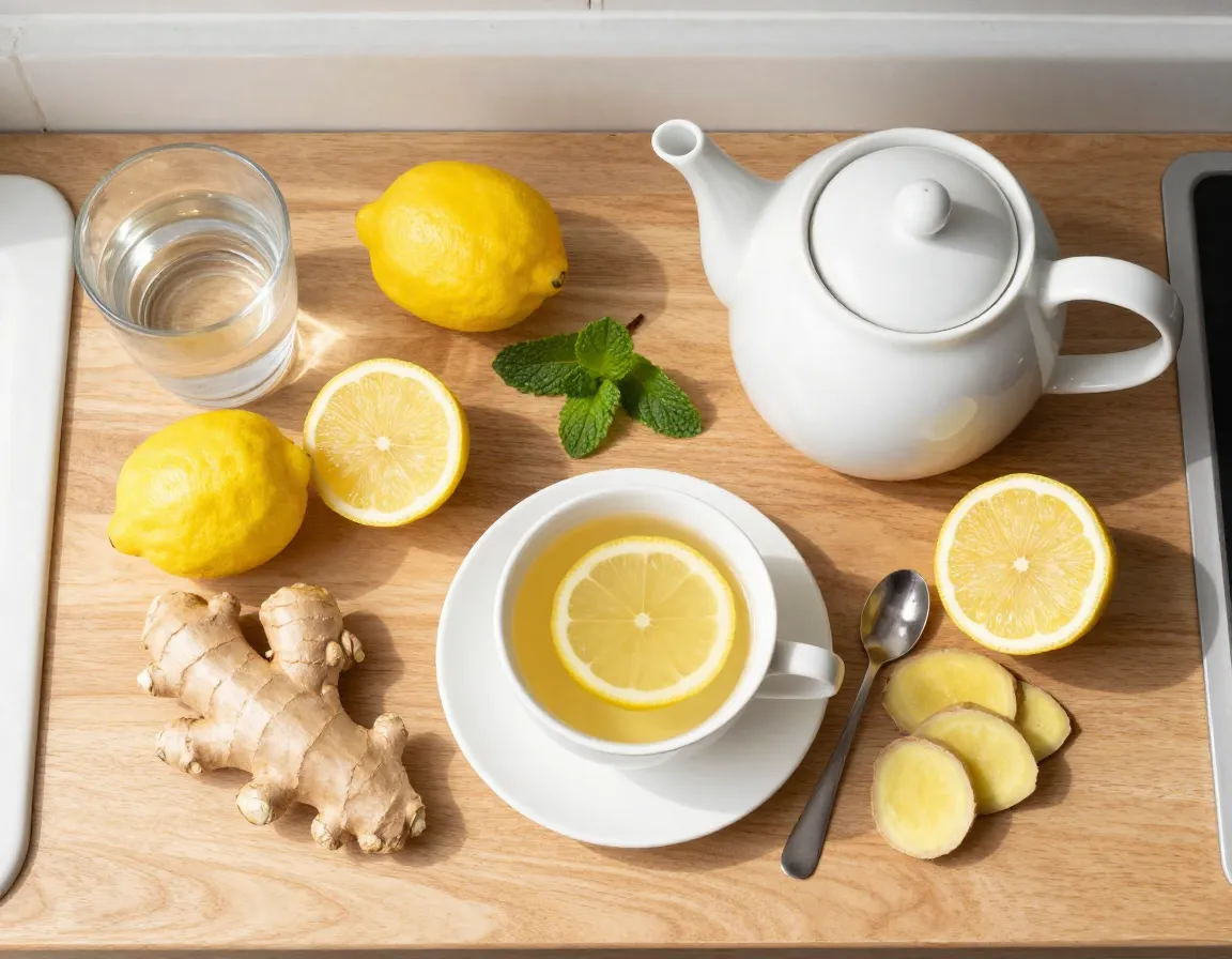 Lemon ginger tea with digestive aid ingredients on wooden kitchen counter