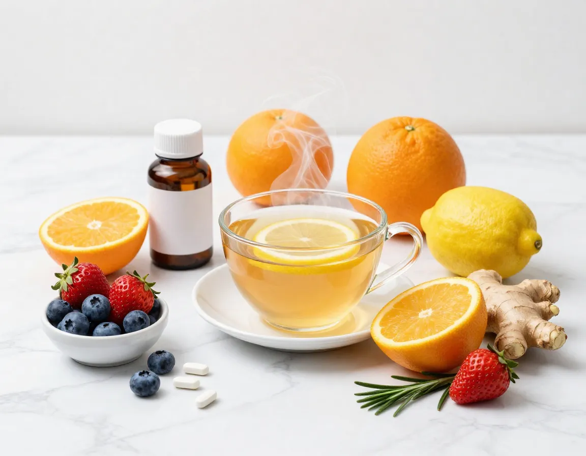 Immune system boost concept with lemon ginger tea and vitamin c foods