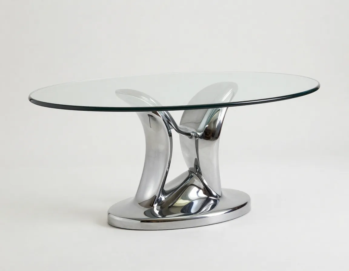 Sculptural chrome pedestal base with oval glass top floating centerpiece
