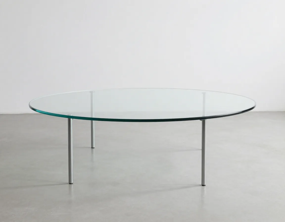 Minimalist bent glass coffee table with thin metal supports clean simplicity