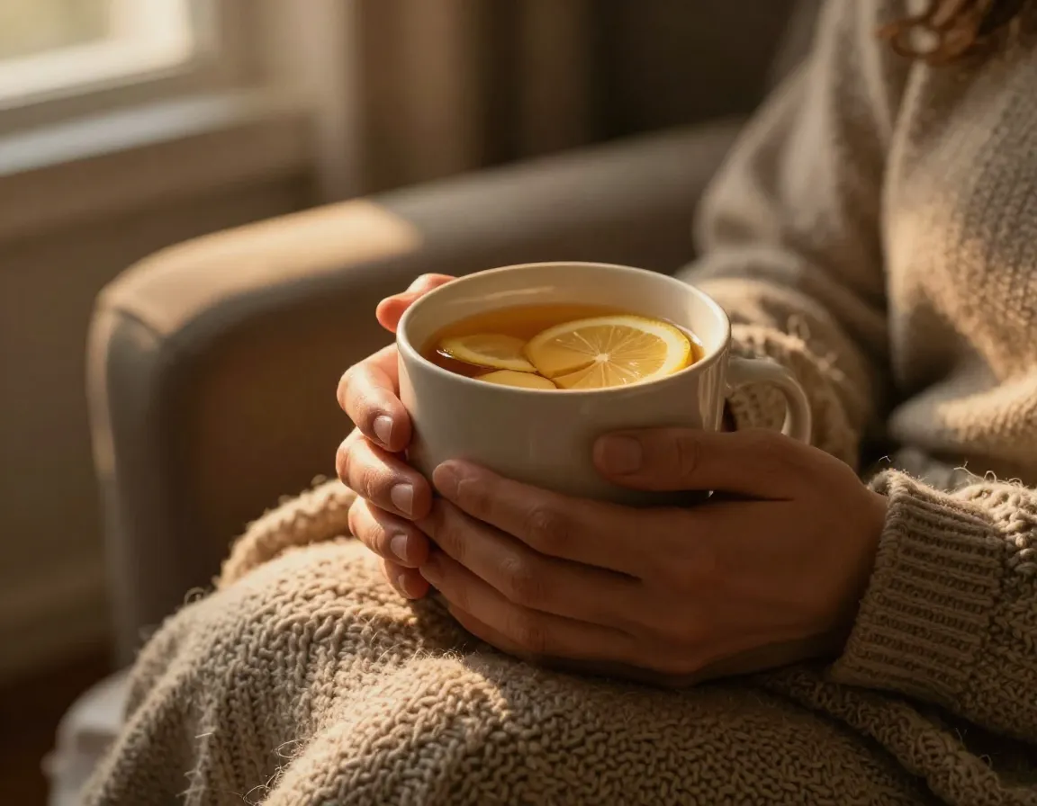 Person holding warm mug of lemon ginger tea for natural pain relief