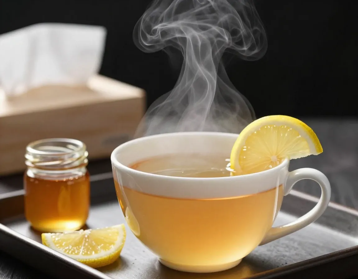 Steam from hot lemon ginger tea clearing nasal congestion on a tray