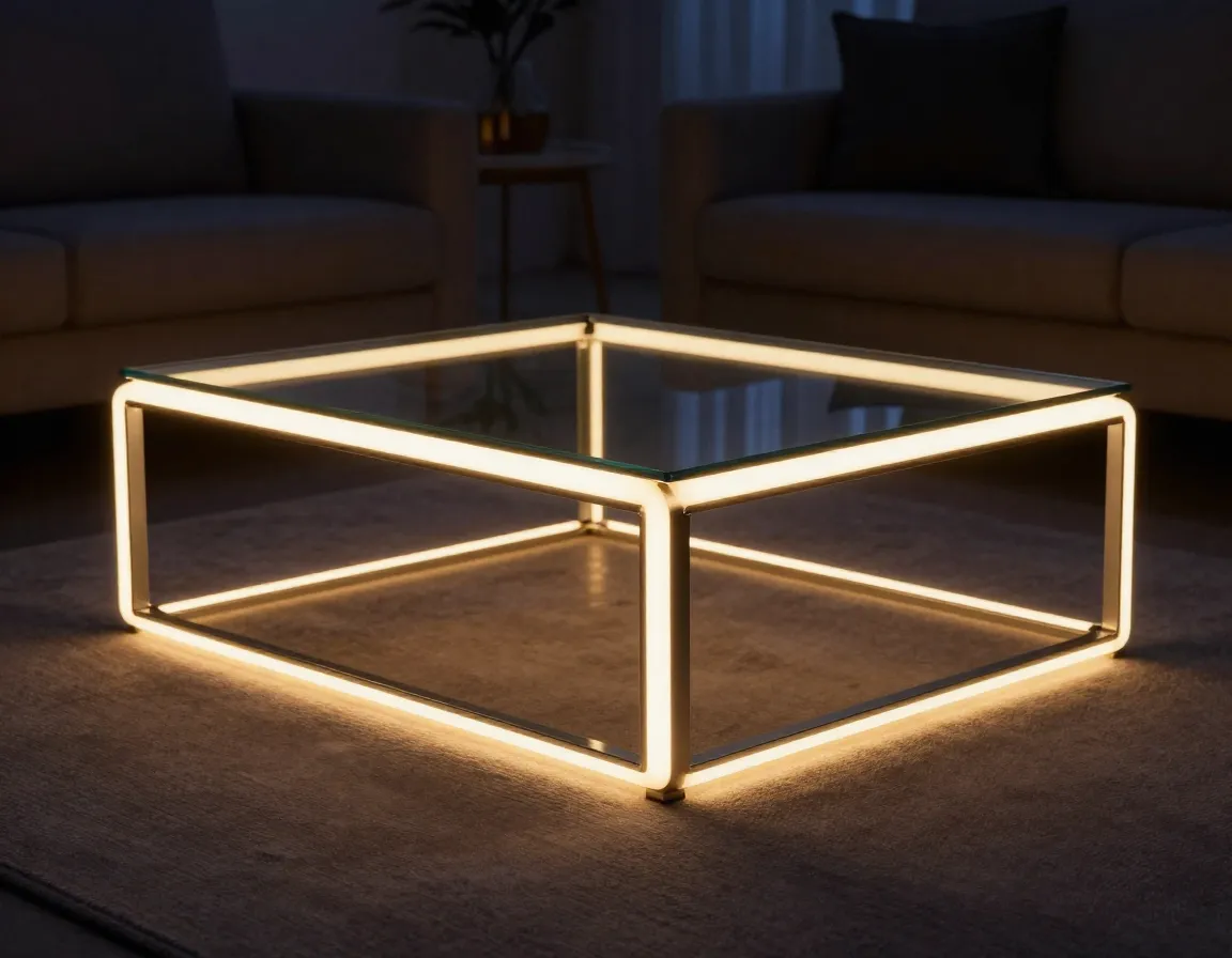 Led enhanced modern coffee table with illuminated frame evening ambiance