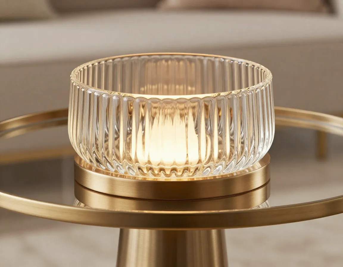 Champagne elegance ribbed glass top with warm metal base luxury