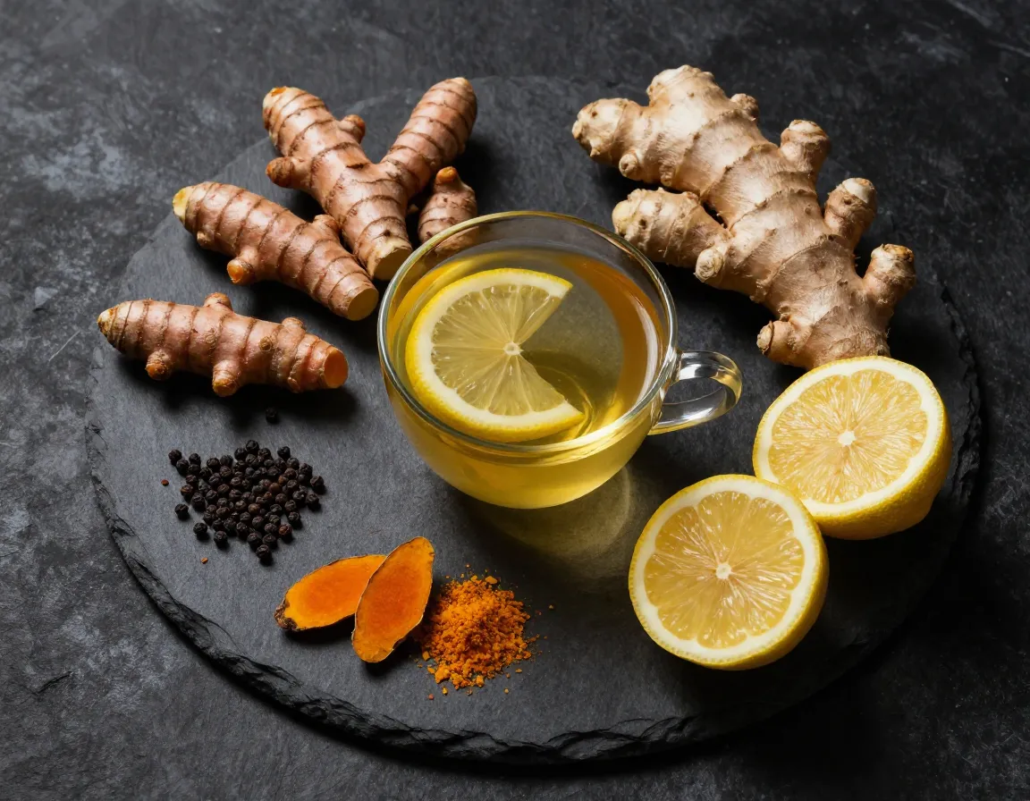 Anti inflammatory lemon ginger tea with turmeric and peppercorns on slate