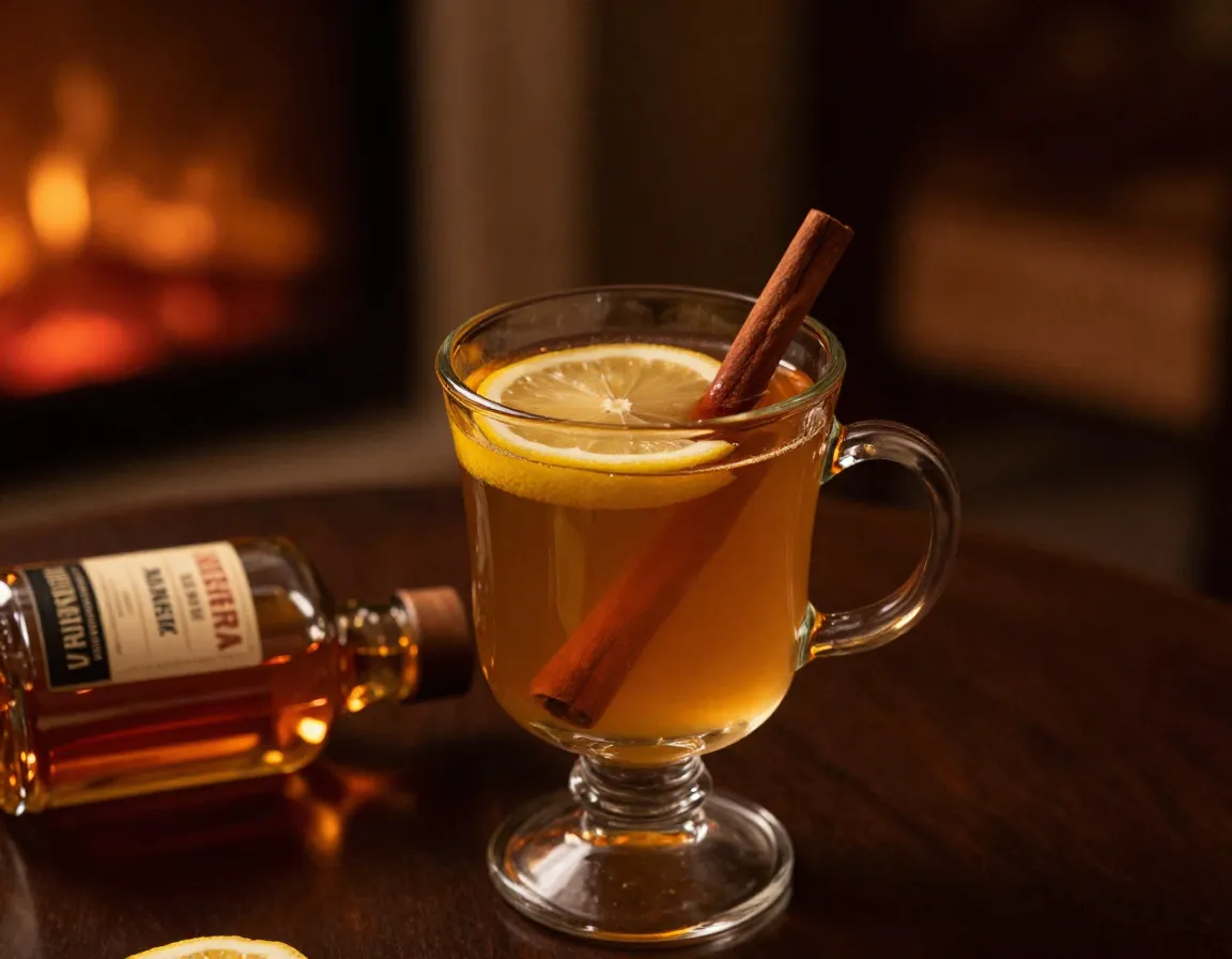 Evening ginger hot toddy with whiskey lemon and cinnamon