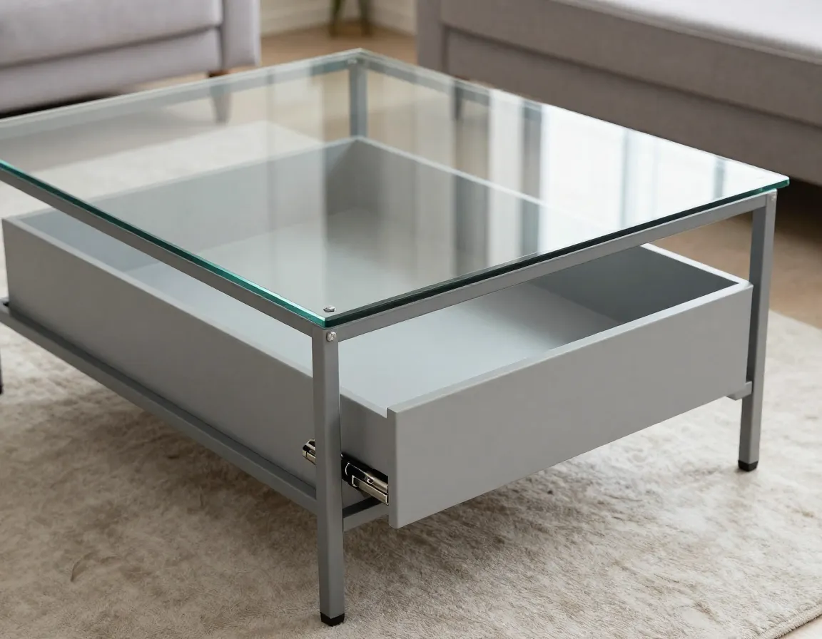 Storage smart glass coffee table with concealed soft close drawer