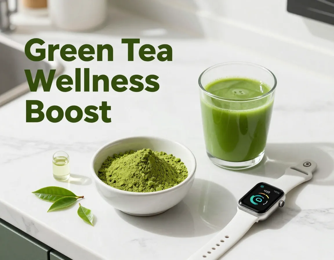 Green tea extract capsule matcha bowl wellness vitality routine overhead