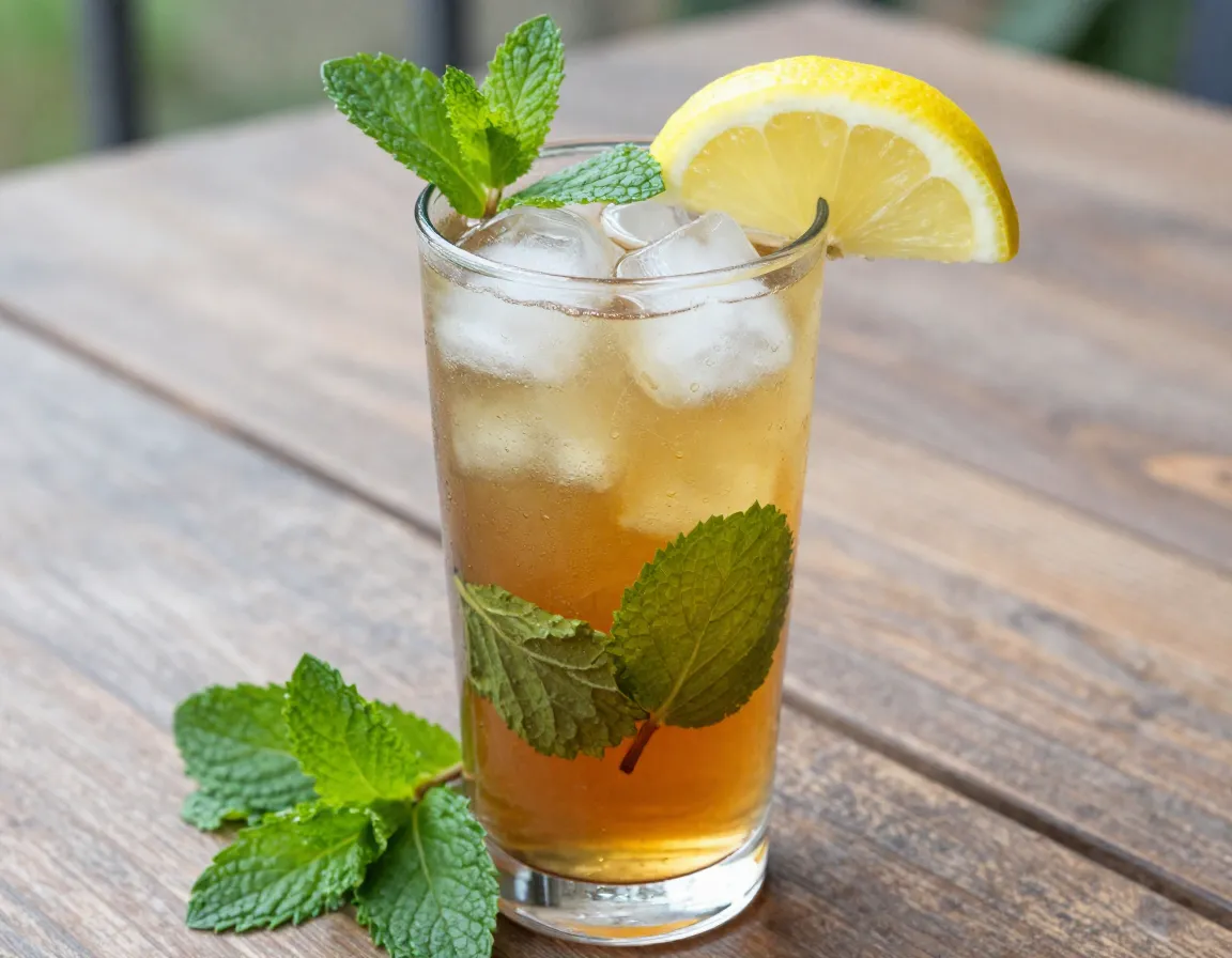 Classic sweet tea vodka highball glass with fresh mint and lemon