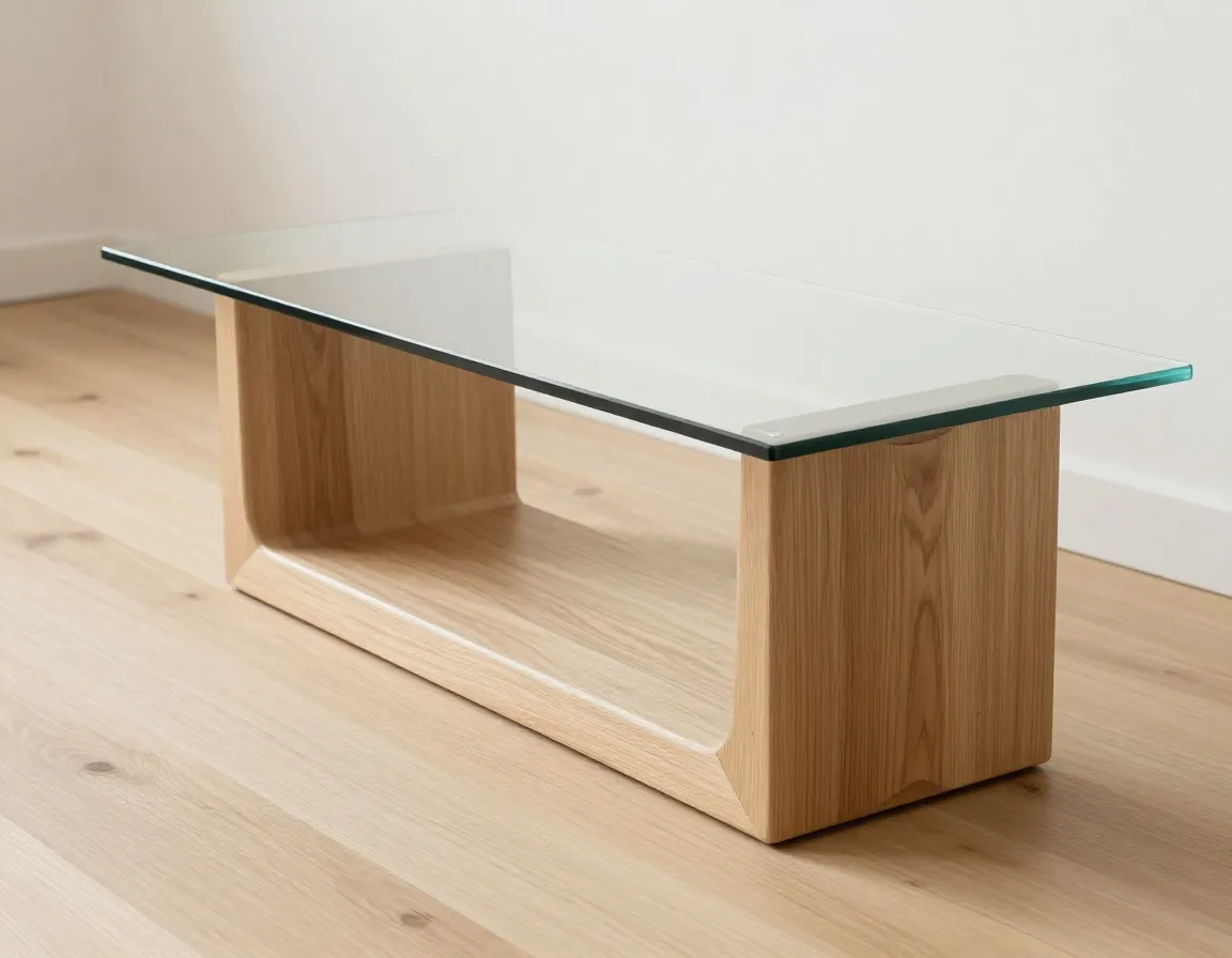 Minimalist geometric oak base with clear glass floating top