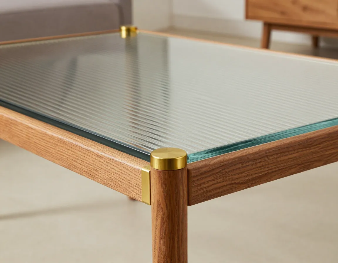Acacia wood frame brass accents supporting ribbed textured glass top