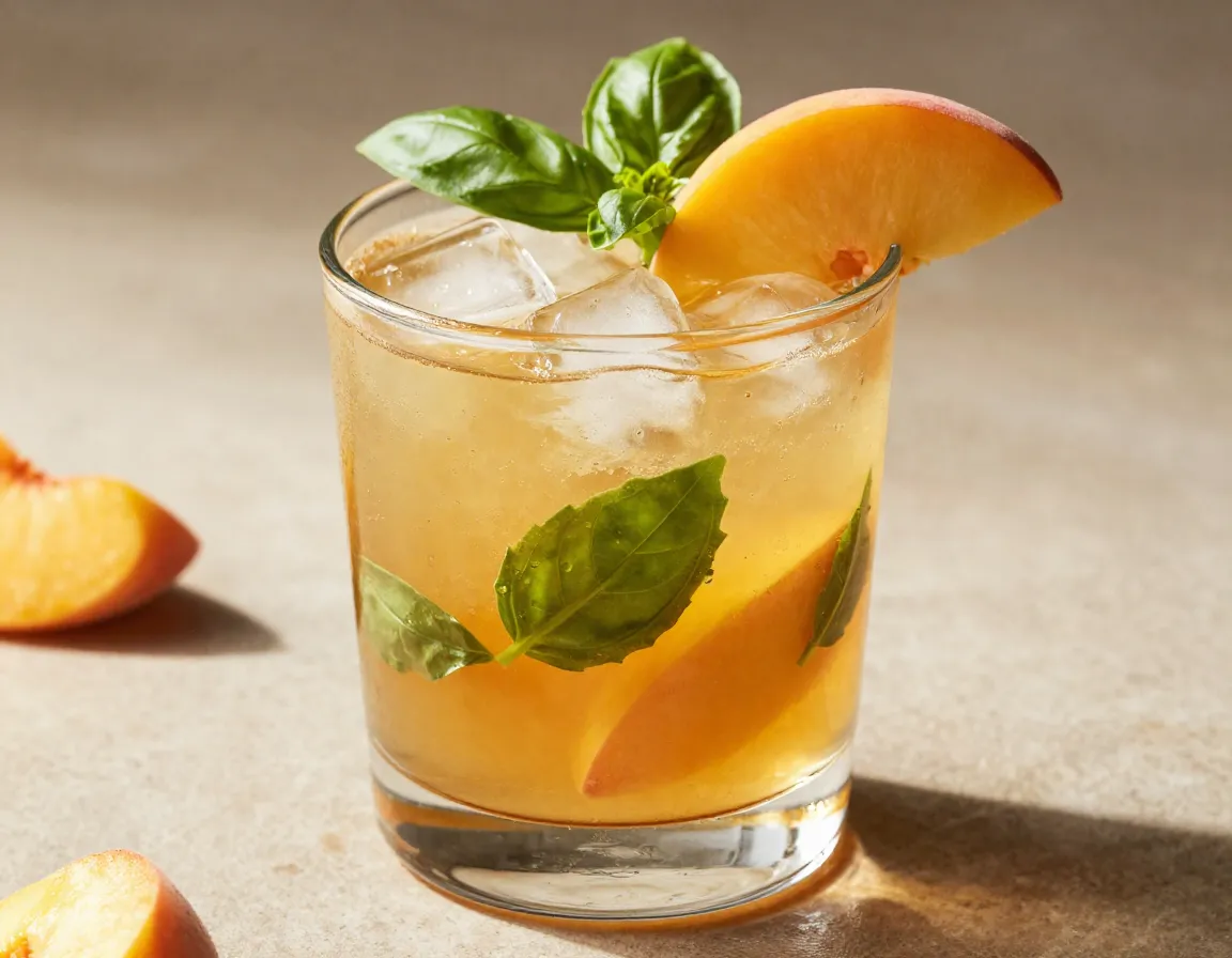Muddled peach and basil sweet tea smash in a rocks glass