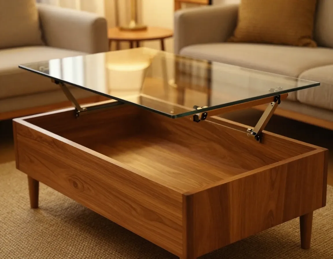 Mango wood lift top coffee table revealing hidden storage compartment