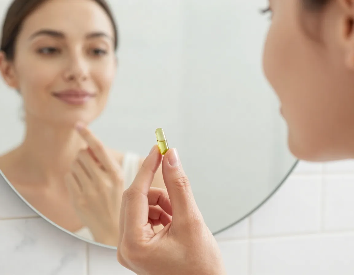 Transforms skin health and fights aging radiant skin reflection in mirror with green tea capsule