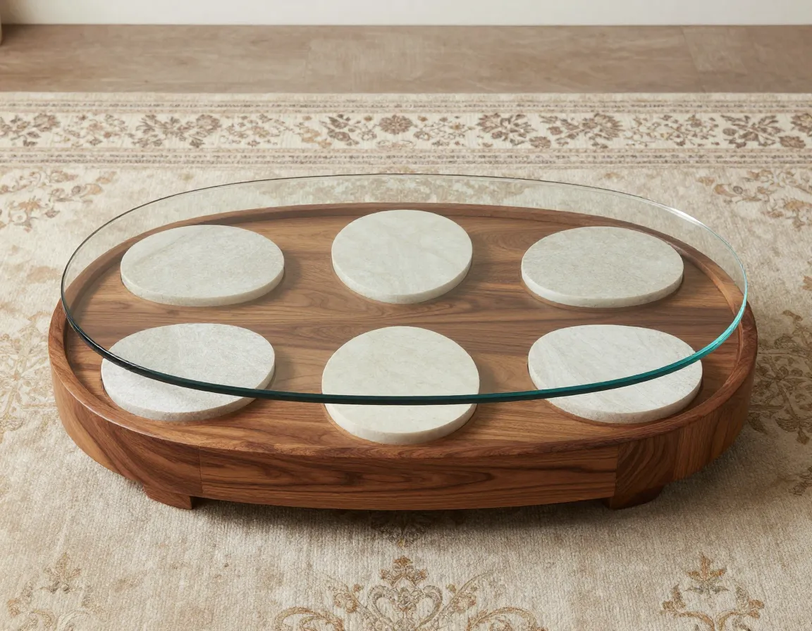 Oval walnut base stone inlays supporting an oval glass top