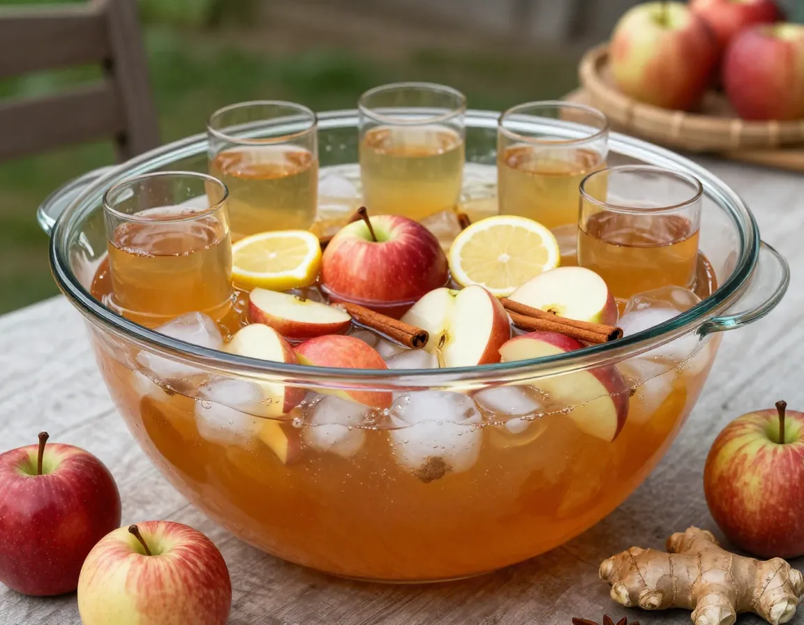 Spiced sweet tea punch in a glass punch bowl with apples