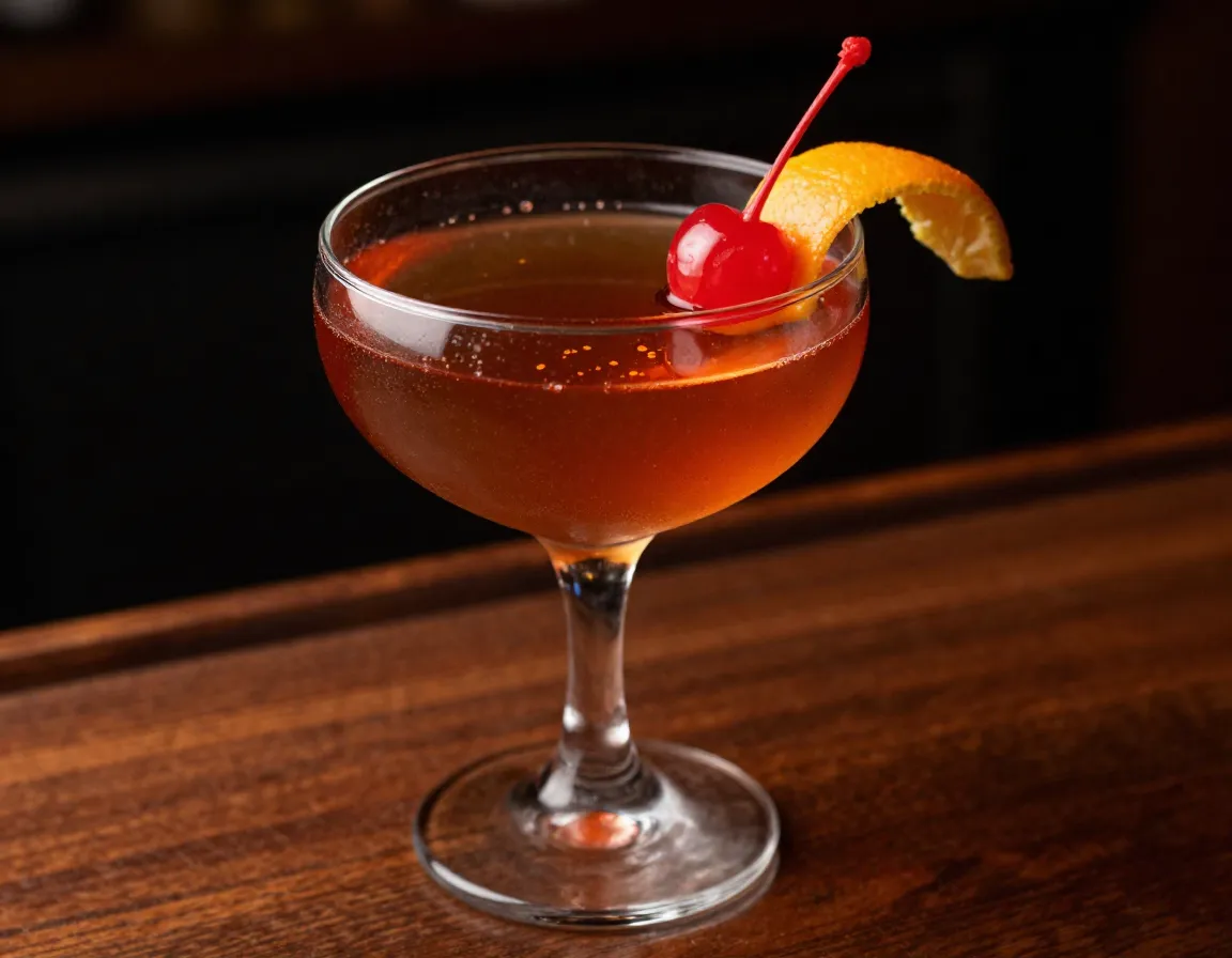 Bourbon barrel sweet tea manhattan in a chilled coupe glass
