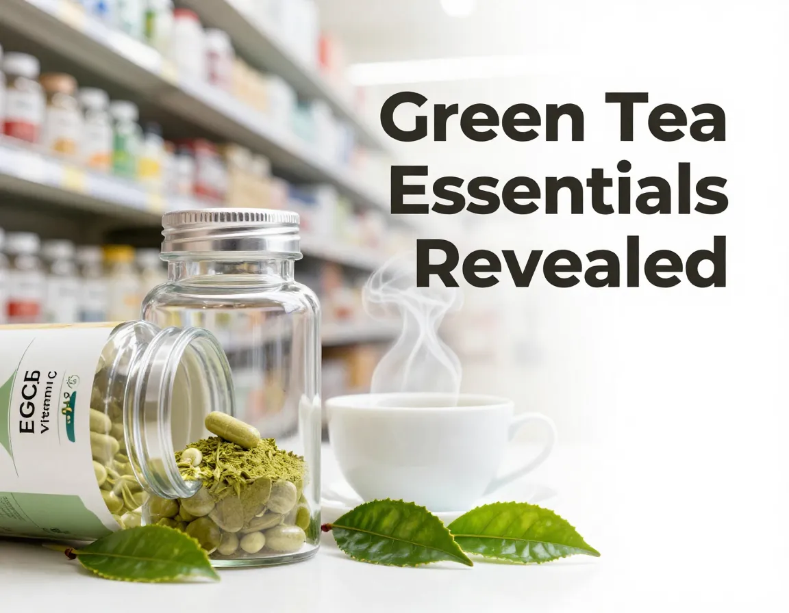 Supplement bottle egcg tea leaves steam cup clean background