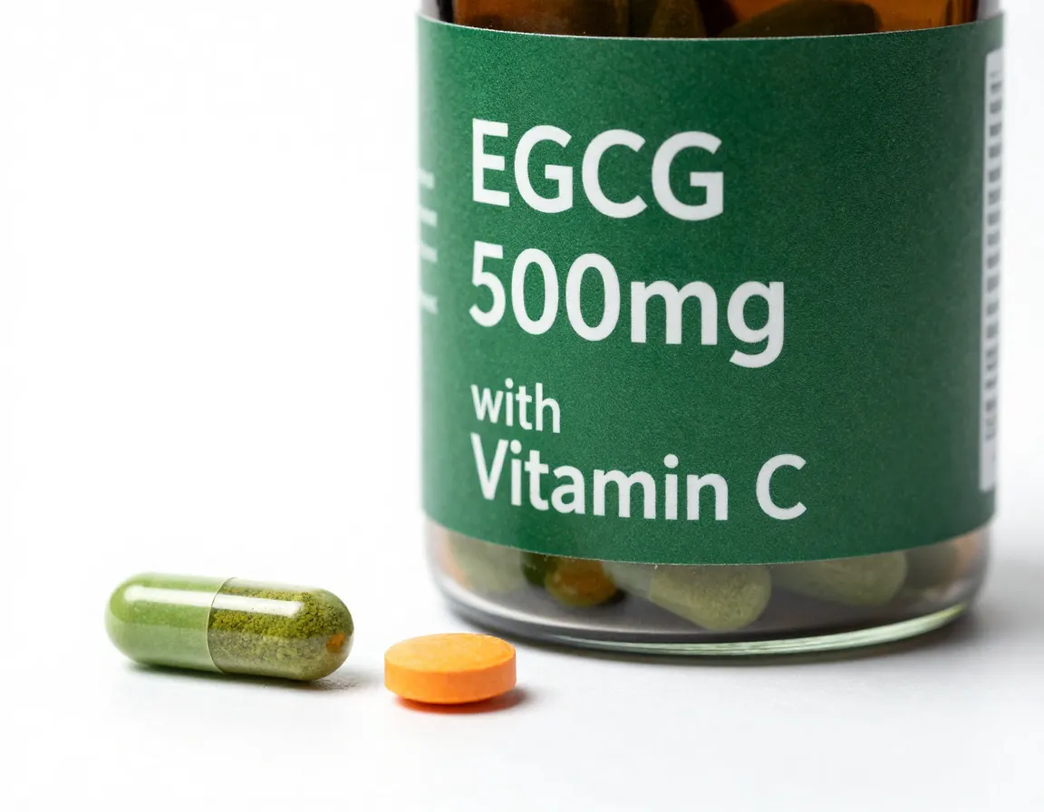 High egcg supplement bottle with vitamin c for bioavailability