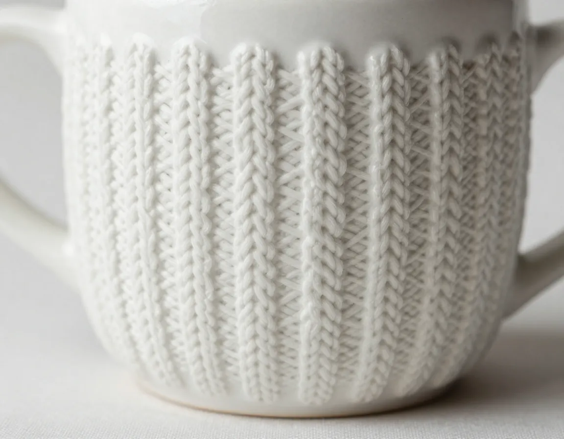 Knitted pattern cable stitch misty white ceramic mug closeup
