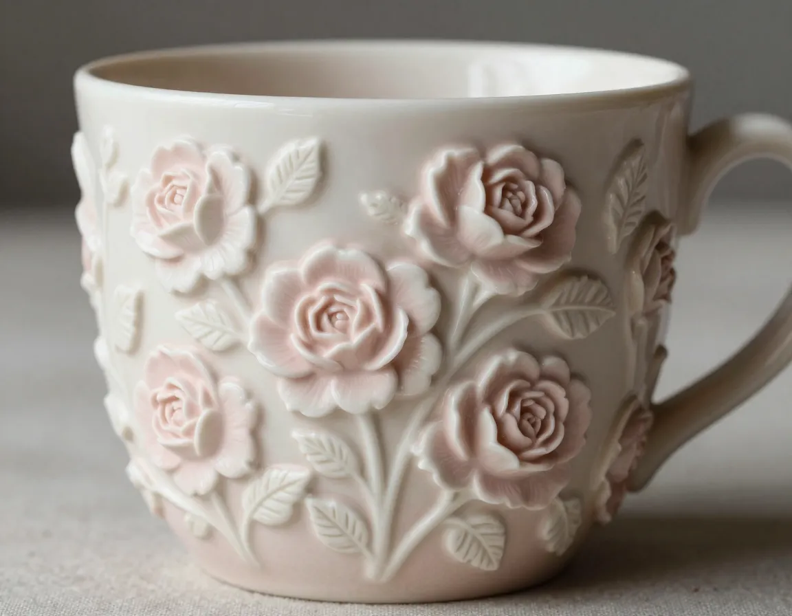 Floral relief rose ivory hand carved ceramic mug in soft light