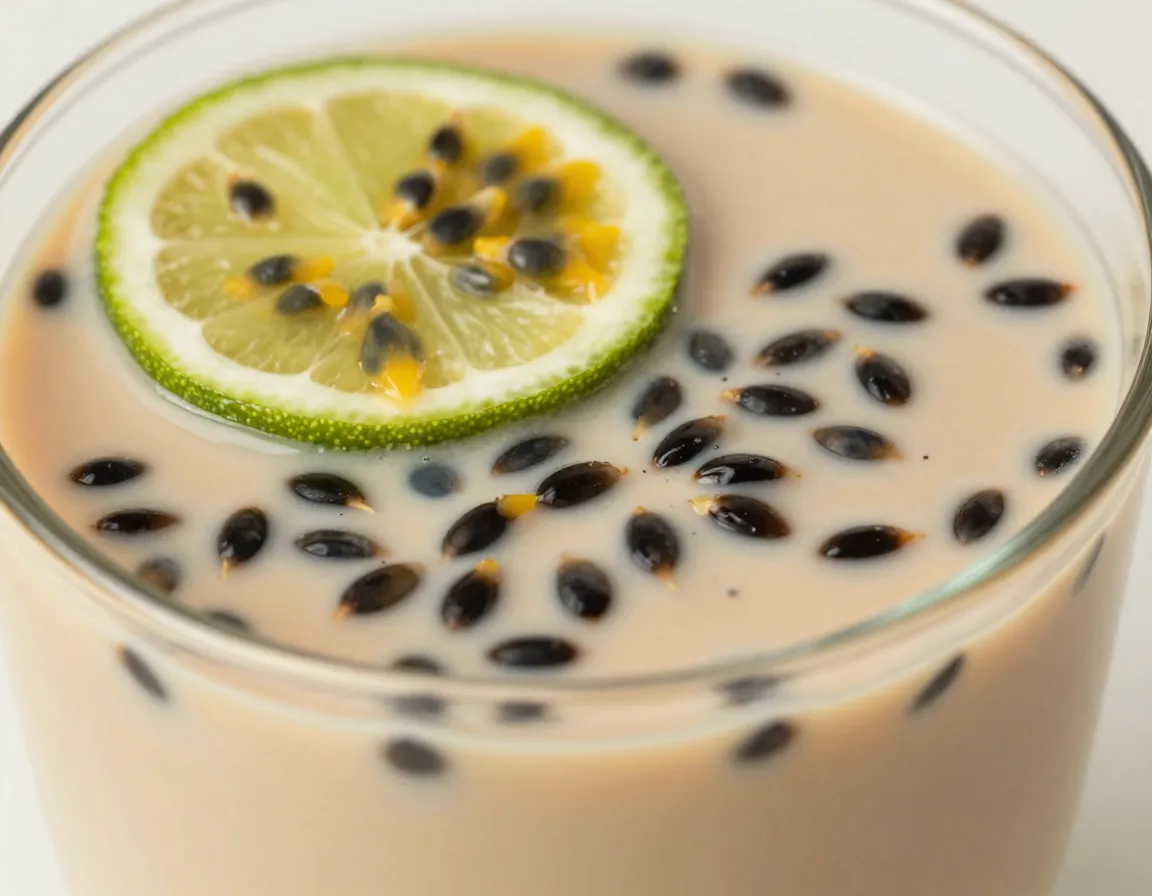 Rich passion fruit coconut black tea with seeds and lime